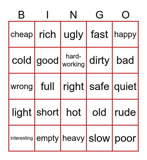 ADJECTIVES Bingo Card
