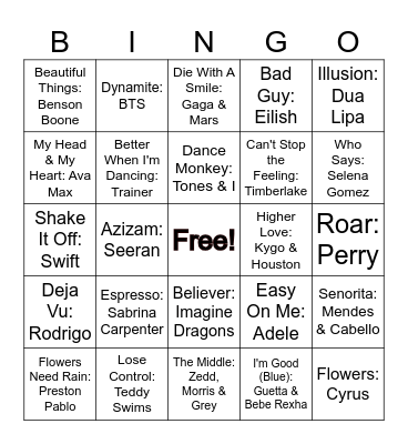 Pop Music BINGO Card