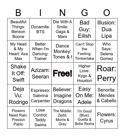 Pop Music BINGO Card