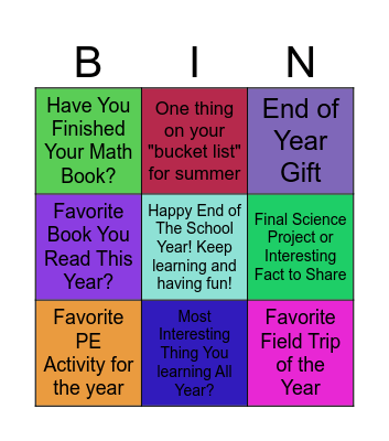 Ms. Penny's End Of Year Bingo Game Bingo Card