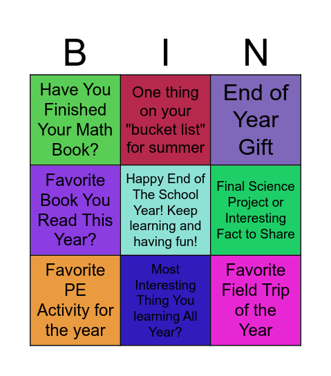 Ms. Penny's End Of Year Bingo Game Bingo Card