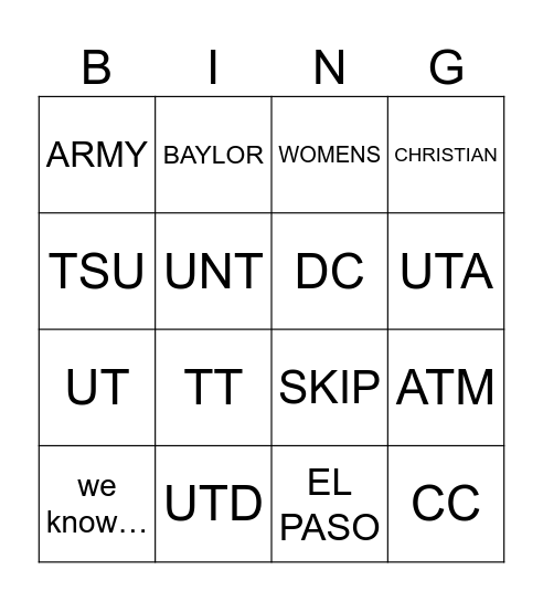 college bingo for irving campus Bingo Card