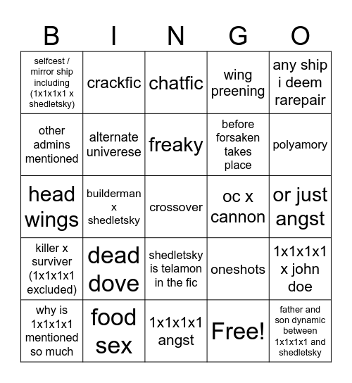 SHEDLETSKY AO3 BINGO!!!!11!1! (guess who my favorite forsaken character is) Bingo Card