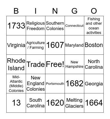 13 Colonies Review Bingo Card