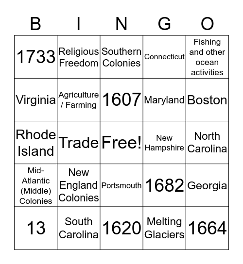 13 Colonies Review Bingo Card