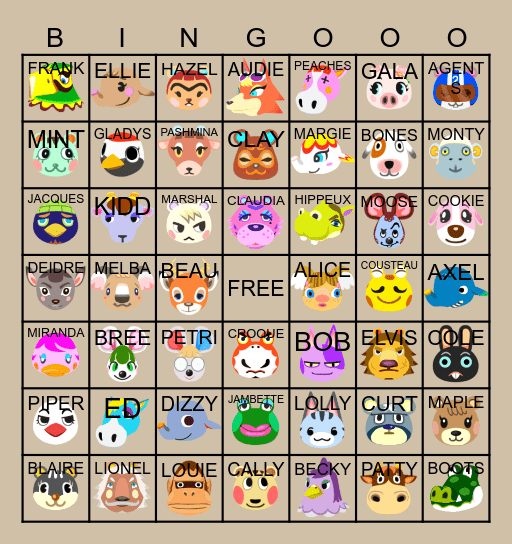 ACNH Villager Hunt Bingo Card