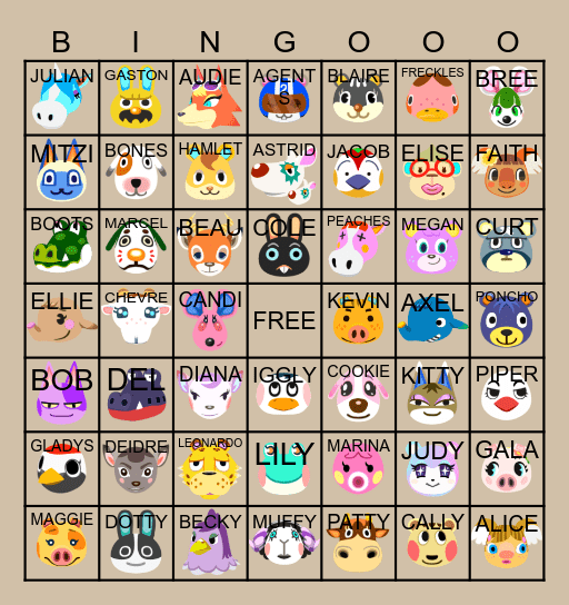 ACNH Villager Hunt Bingo Card