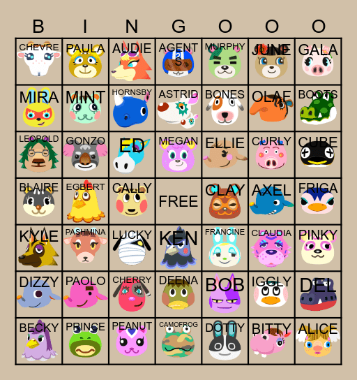 ACNH Villager Hunt Bingo Card