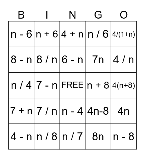 EXPRESSIONS WITH VARIABLES Bingo Card