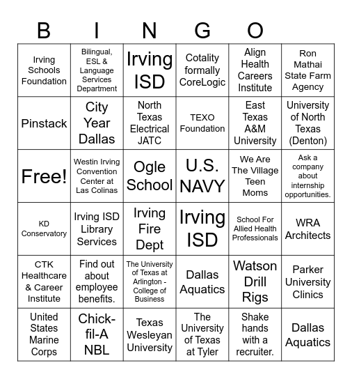 Career Fair Bingo Card