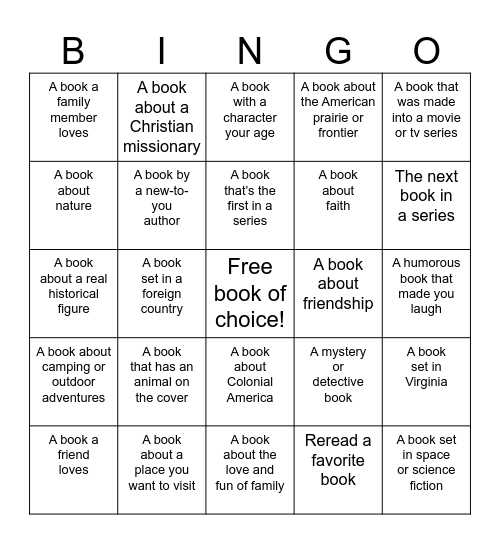 Summer Reading Challenge Bingo Card