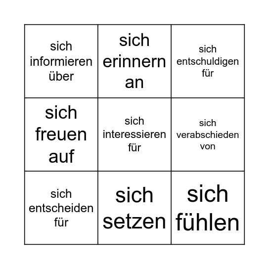 reflexive Verben Bingo Card