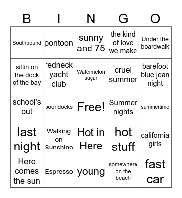 Summer Songs Bingo Card