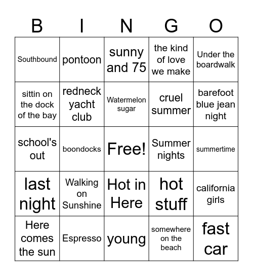 Summer Songs Bingo Card