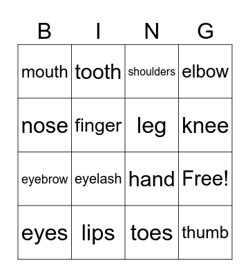 BODY PARTS Bingo Card