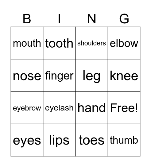 BODY PARTS Bingo Card