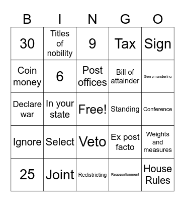 Legislative Branch Bingo Card