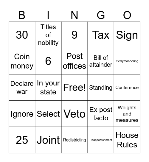 Legislative Branch Bingo Card