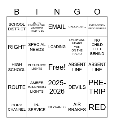 Bus Driver Bingo Card