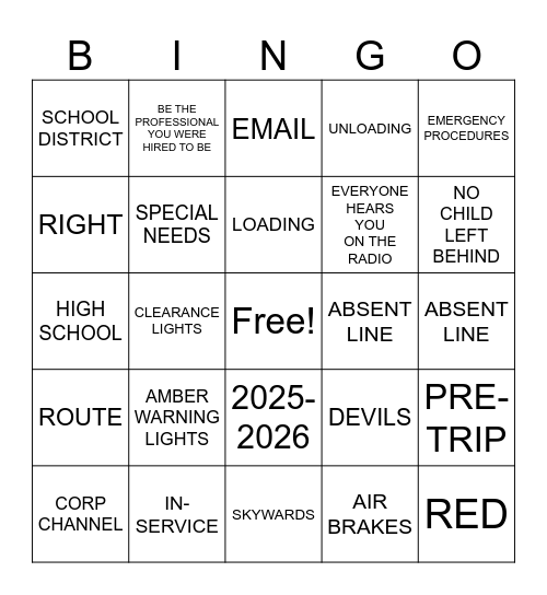 Bus Driver Bingo Card