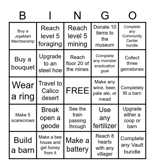 Stardew Valley Challenge Bingo Card