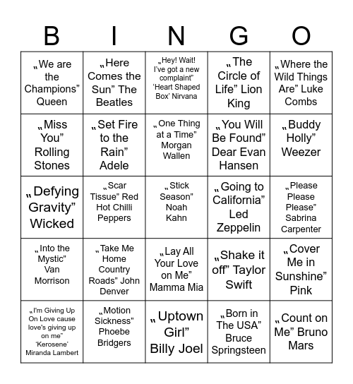 American Music Bingo Card