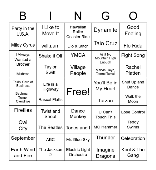 End of the Year Music BINGO Card