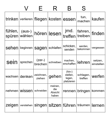 English irregular verbs Bingo Card