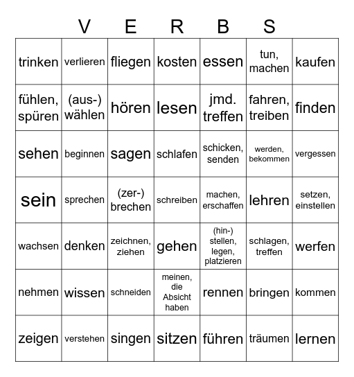 English irregular verbs Bingo Card