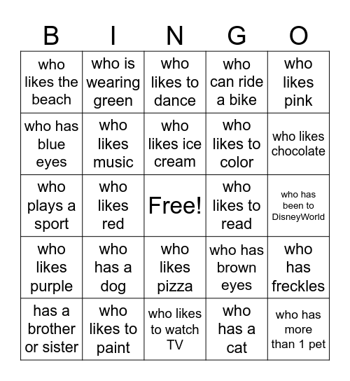 Find A Friend Bingo Card