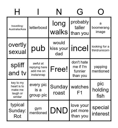 Hingo Bingo Card