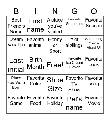 Getting to know you Bingo Card