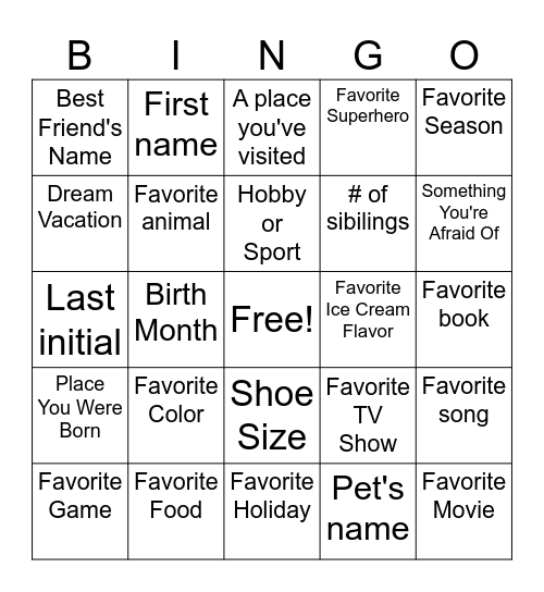 Getting to know you Bingo Card