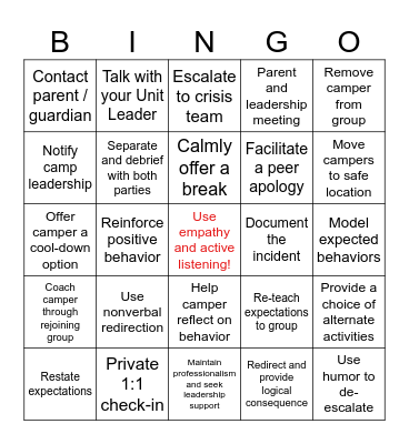 Camp 2025 Behavior Response Bingo Card