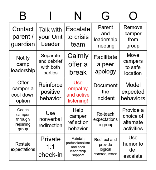 Camp 2025 Behavior Response Bingo Card
