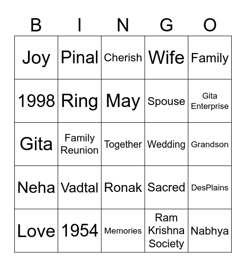 50th Wedding Anniversay BINGO! Bingo Card