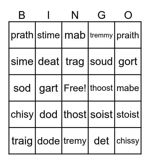 4th Grade Nonsense Word Bingo Card