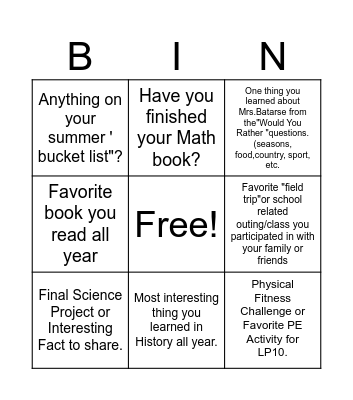 End of Year Bingo Card