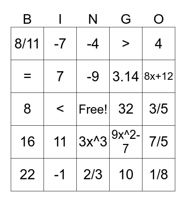 Algebra Bingo Card