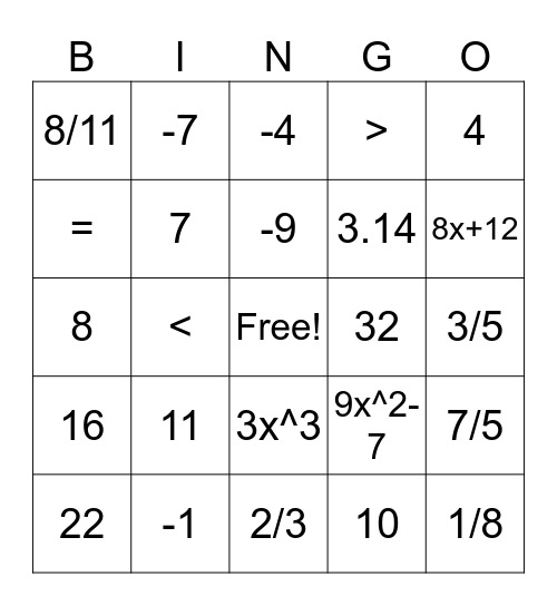 Algebra Bingo Card