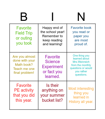 End of Year Bingo Card