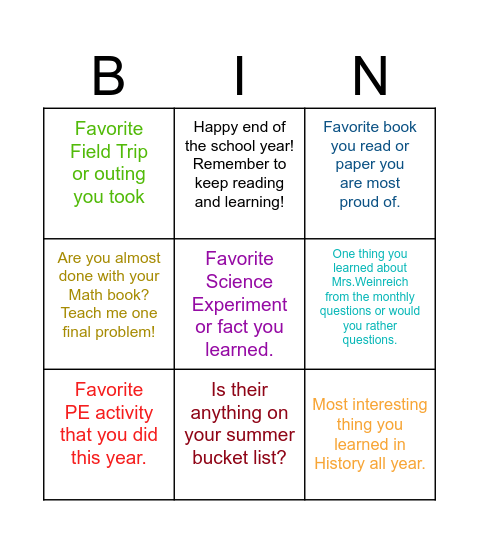 End of Year Bingo Card