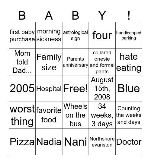 Baby Shower Bingo Card
