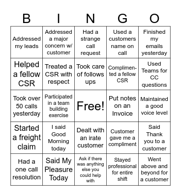 Customer Service Bingo Card