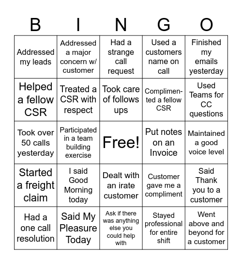 Customer Service Bingo Card