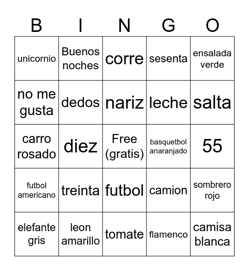 Spanish Review Bingo Card