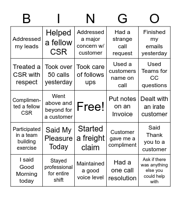 Customer Service Bingo Card