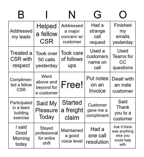 Customer Service Bingo Card