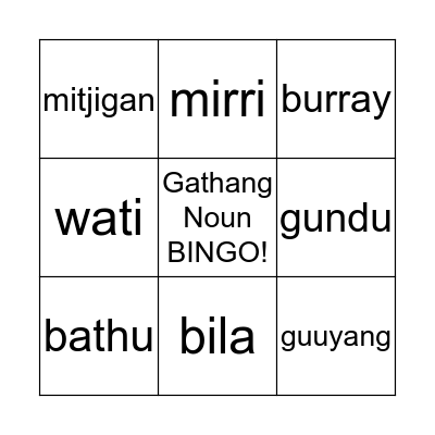 Gathang Noun Bingo Card