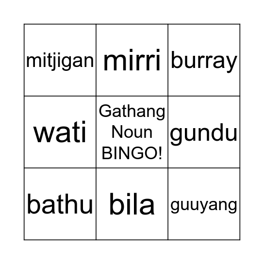 Gathang Noun Bingo Card